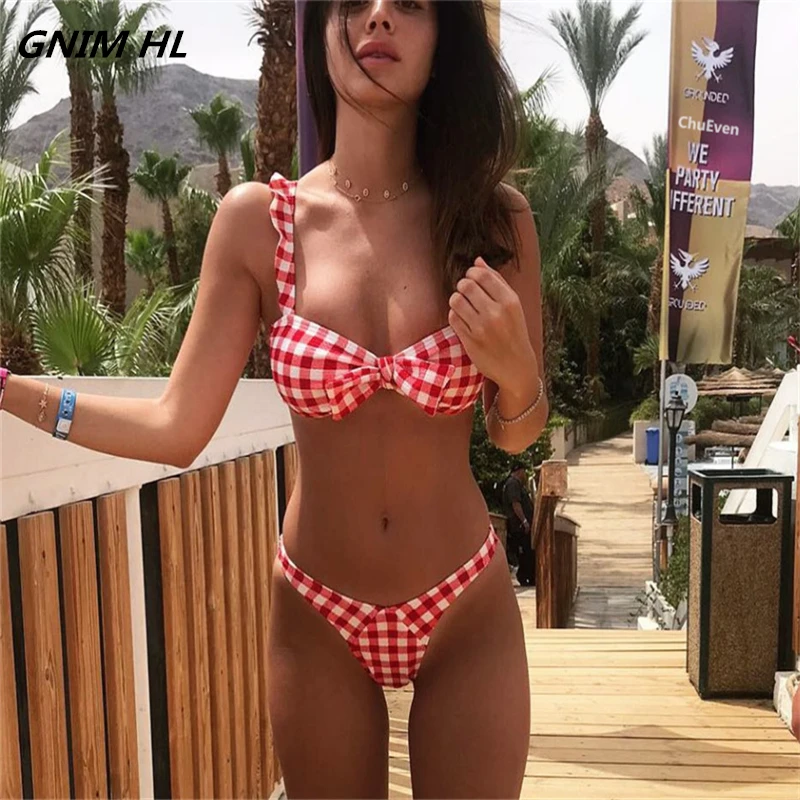 

GNIM Bow Bikini Mujer 2019 Swimwear Woman Plaid Swimsuit Fashion Sexy Brazilian Biquini Beachwear Bathing Suit Women Two Pieces