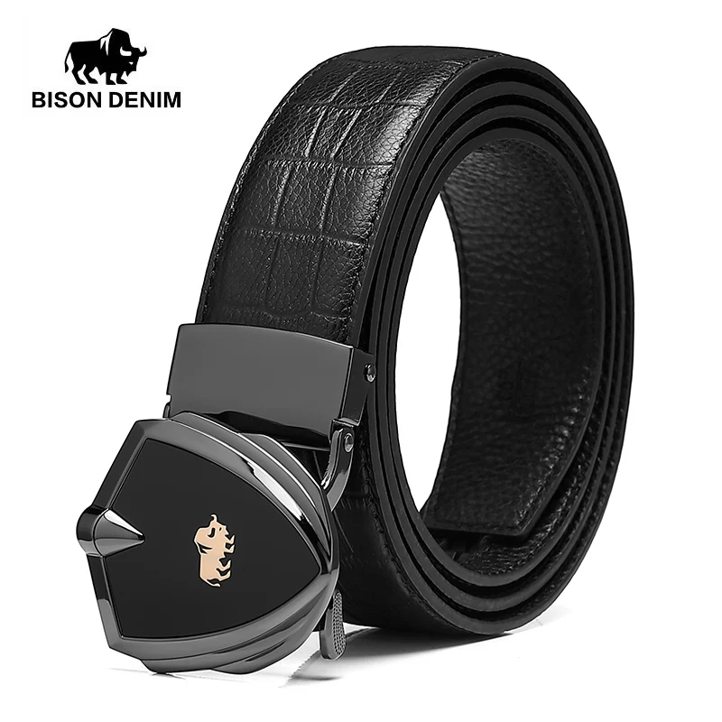 

BISON DENIM Genuine Leather Men Belt Automatic Alloy Shield Buckle Luxury Cow Leather Strap Belt for Men High Quality N71518