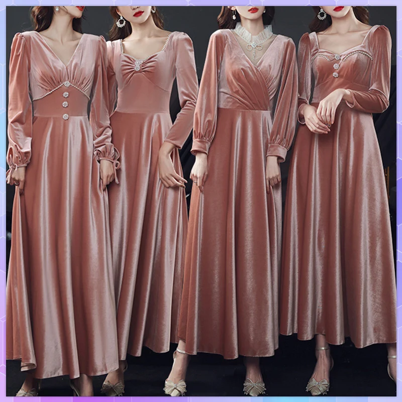 

Elegant Dresses For Women Lace Velvet Pearl Buttons v-Neck Long Sleeves Female Dress Sexy Patchwork Party Maxi Vestido Solid