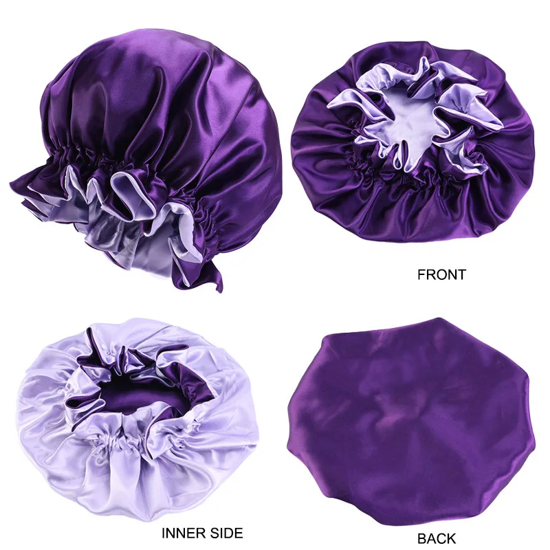 New Women Big Size Laser Satin Print Satin Silk Bonnet Sleep Night Cap Head Cover Bonnet Hat for For Curly Springy Hair Black fisherman skully