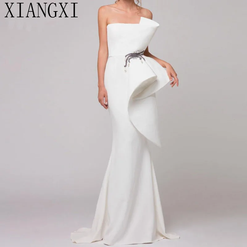

Elegant Formal Dress White Evening Dresses 2019 Satin Ruffles Beaded Saudi Arabic Mermaid Evening Gown Long abendkleider