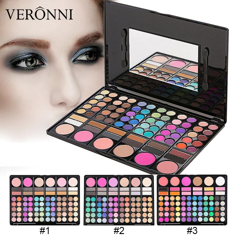 VERONNI 78 цветов теней для век макияж Палитра включая блеск для губ, тени для век, румяна макияж набор женской косметики
