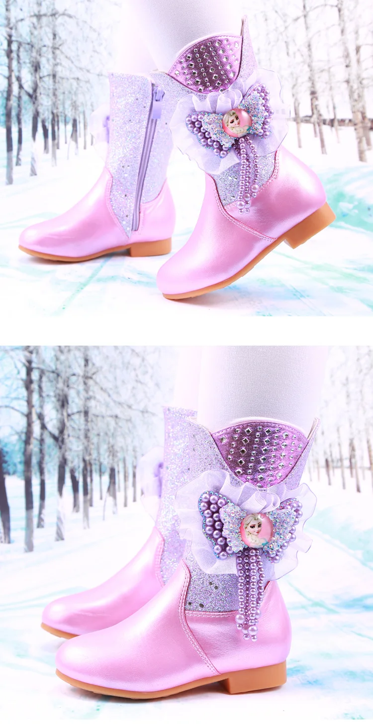 Зимние детские сапоги для девочек; высокие сапоги на низком каблуке; обувь принцессы для девочек; хлопковые кожаные сапоги; цвет розовый, синий; обувь для подарка на день рождения