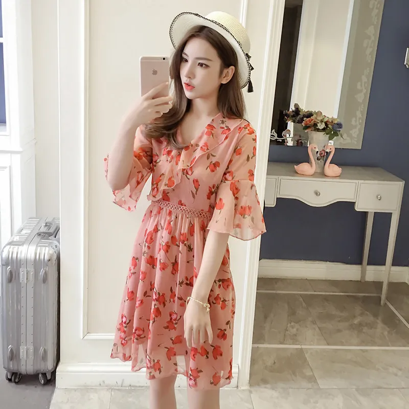 

2018 Summer Wear New Style Korean-style Waist Hugging Slimming V-neck Elegant Chiffon Floral Dress Women's Printed Fairy Skirt