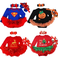 Комбинезон с длинными рукавами для маленьких девочек, кружева для новорожденных, костюм для маленьких девочек, костюмы на Хэллоуин и Рождество для малышей, первый день рождения