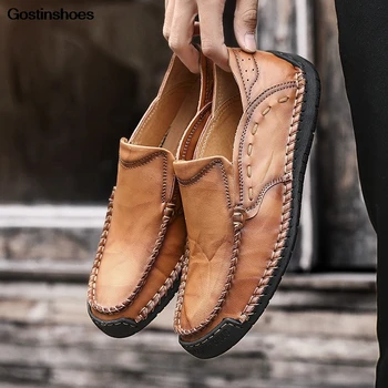 

Loafers Men Casual Leather Shoes Drivers Shoes Cow Leather Rubber EVA Slip-on Handmade Sewing Comfortable Moccasins Brown Black