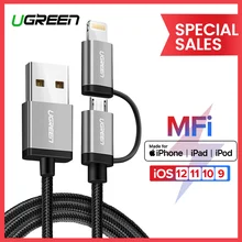 Ugreen 2 в 1 USB кабель для iPhone Pro 11 Max X 8 7 Быстрая зарядка Lightning+ Micro USB кабель для samsung Xiaomi huawei USB шнур