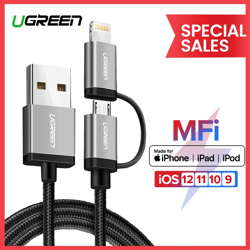 

Ugreen 2 in 1 USB Cable for iPhone Pro 11 Max X 8 7 Fast Charging Lightning + Micro USB Cable for Samsung Xiaomi Huawei USB Cord