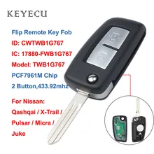 Chave remota fob 433.92 mhz pcf7961m do carro da aleta dos botões de keyecu 2 para nissan qashqai, x-trail, pulsar, micra, juke, cwtwb1g767