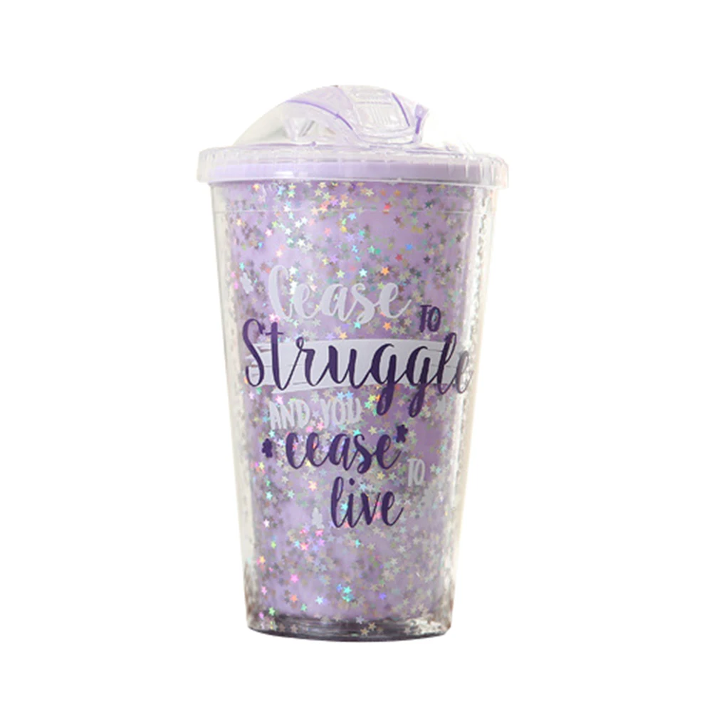 Purple Узор в горошек с блестками бутылка для воды Двухслойный дизайн мороженого инновационная пластиковая соломинка бутылка - Цвет: Purple