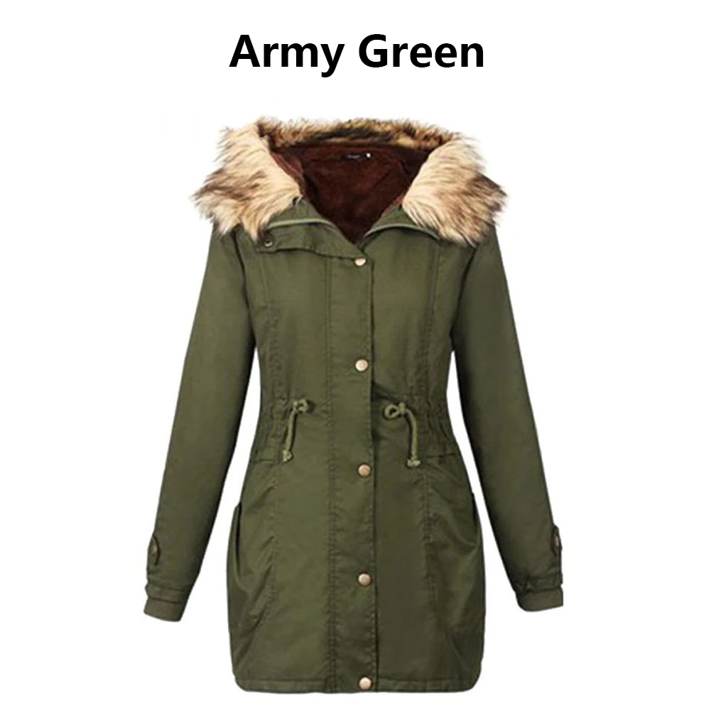 Army Green Женская модная популярная утепленная парка с воротником из искусственного меха и длинным рукавом, хлопковая куртка с капюшоном, Зимние удобные пальто - Цвет: Army Green