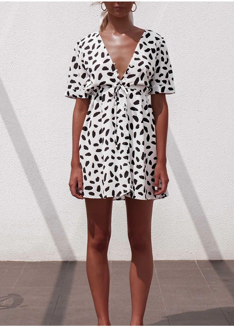 White Sand Spot Mini Summer Dresses Women V Neck Casual Beach Sundress Sexy Botton Wrap Bodycon Dress Female