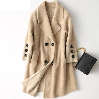 

2020 Shearling Jacket Sheep Real Wool Fur Coat Female Long Warm Winter Coats Women Double-breasted Real Suede Overcoat WHF73 s