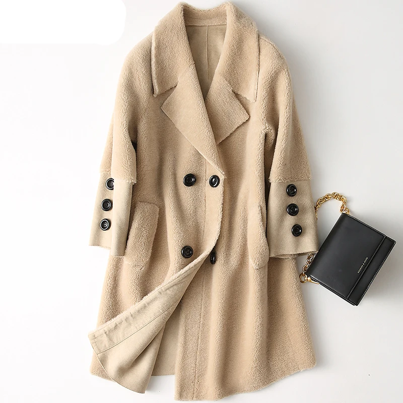 

Shearling Sheep Jacket 2020 Real Wool Fur Coat Female Long Warm Winter Coats Women Double-breasted Real Suede Overcoat WHF72 s