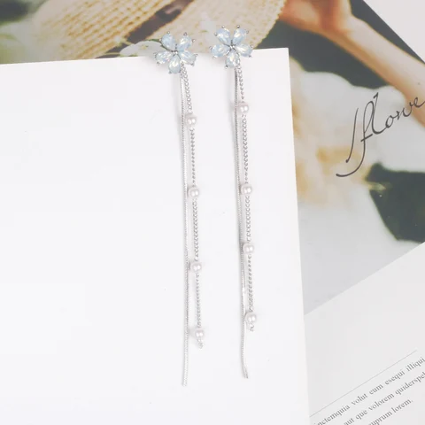 flower earrings pearl earrings Korean style tassel pendant long personality cold and versatile earrings female