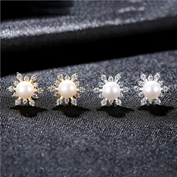

MeiBaPJ New Small 925 Genuine Silver Natural Freshwater Pearl Snowflake Stud Earrings Fine Wedding Jewelry for Women