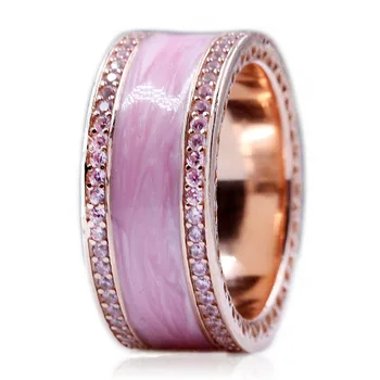 

Authentic 925 Sterling Silver Ring Rose Pink Hearts Of Band Rings With Crystal For Women Wedding Party Gift Fine Jewelry