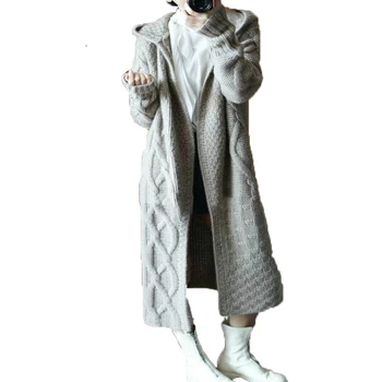 

Women Cardigan Long Sleeve Hooded Solid Knitted Coat 2018 Female Keep Warm Sweater Long Open Stitch Coats