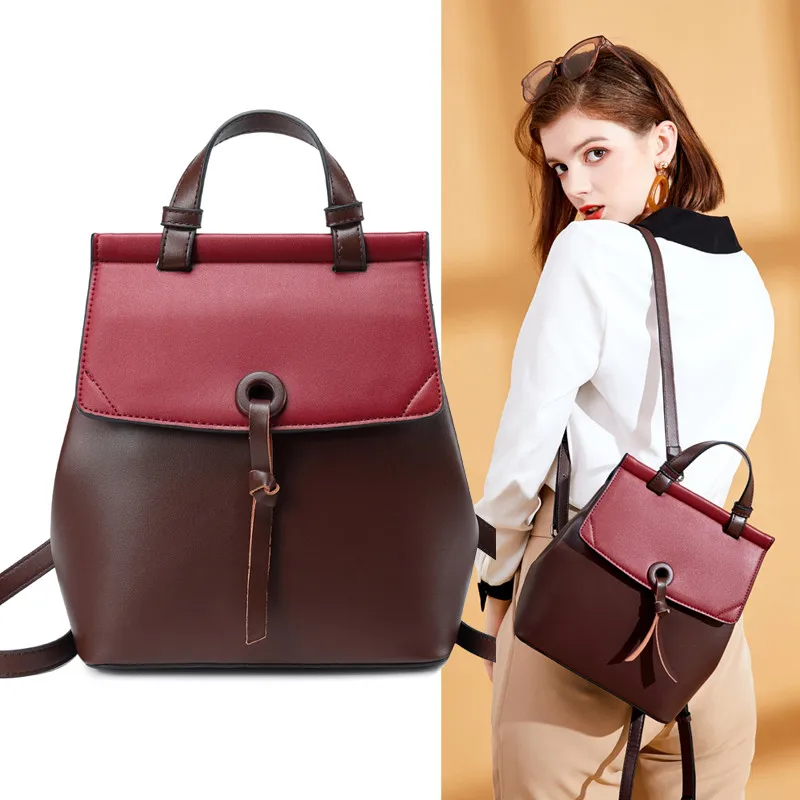 

Genuine Leather Women Backpack New fashion Girl Casual Rucksacks Lady Shoulder Bag Contrast Color Travel Backpack