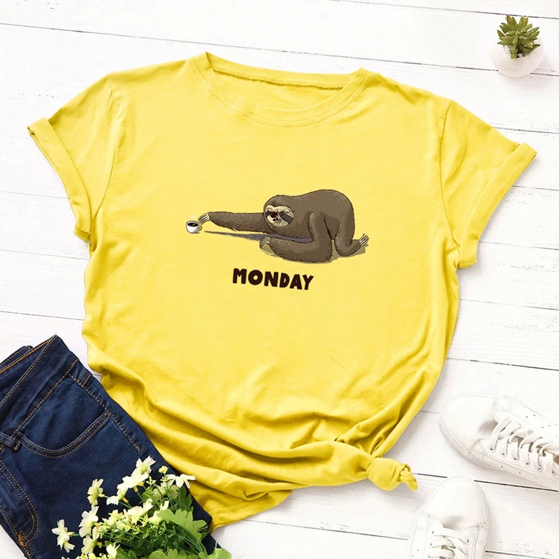 

100% Cotton Plus Size S-5XL Women T-shirts Graphic Tees Female Shirts Summer Tops Lazy Sloth Print Funny T Shirt Girl Tee Top