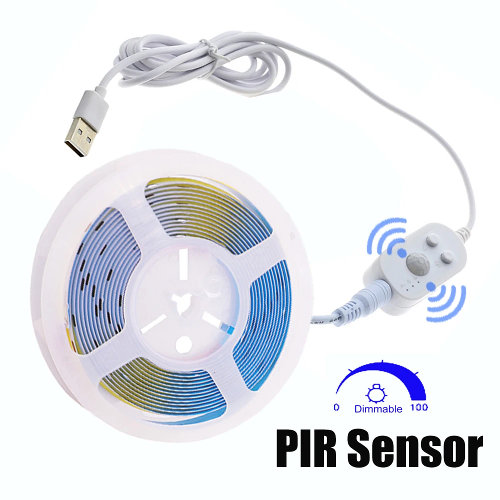 

PIR Sensor Sensor COB LED Strip Light 5V USB 320LEDs/m Linear Lighting COB Light Blue Green Red White For Kitchen Room Decor