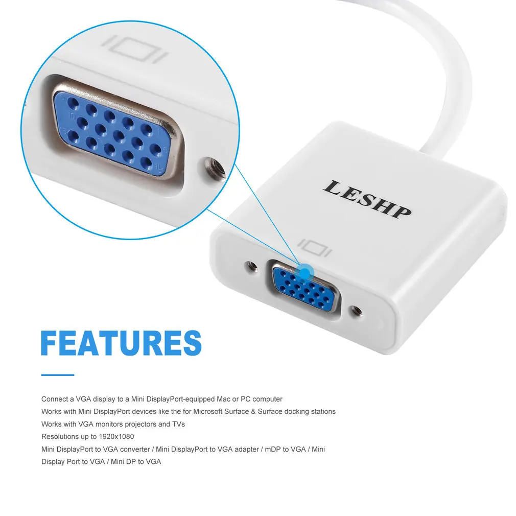 LESHP 1080P Mini Display Port to VGA Male to Female Video Adapter Converter White For VGA Monitors Projectors and TVs