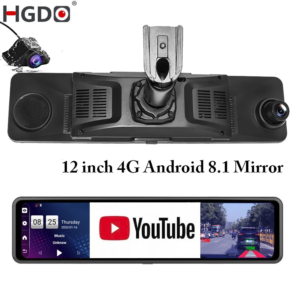 HGDO 12'' Rear view Mirror Camera Android 4G Car DVR ADAS WIFI Video Recorder FHD 1080P  Dual lens Dash Cam Registrator Mount