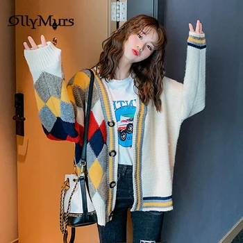 

Women Argyle Cardigan Sweater KM098 Fashion Knitted Cardigans Long Sleeve Loose Casual Coats Female Autumn Sweaters Coat