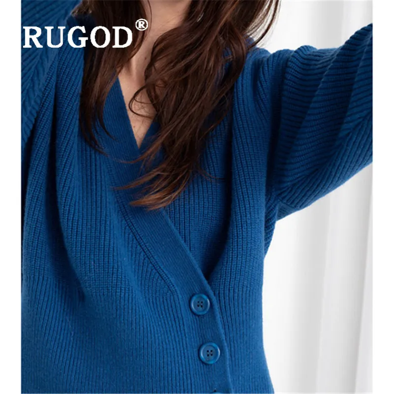 RUGOD vintage blue sweater cardigans v neck single breasted highwaist knit coat new autumn fashion female elegant solid sweater
