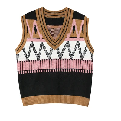 Женский трикотажный пуловер без рукавов, Осень-зима, корейский стиль, винтажный геометрический v-образный вырез, вязаный шерстяной свитер, жилет T425 - Цвет: as picture