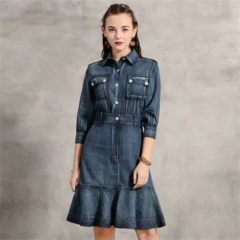 

Spring Women's Denim Dress 2020 Vintage Slim Waist Ruffles Women Dresses Half Sleeve Turn-down Collar Vestidos High Waist Dress