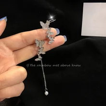 韓国のファッション蝶のイヤリング2020かわいい非対称ジルコンブラブラ房ドロップイヤリング秋エレガントな蝶のジュエリー(China)