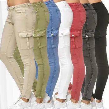 

Solid Color Women High Waist Skinny Cargo Long Jeans Denim Pencil Pants Leggings