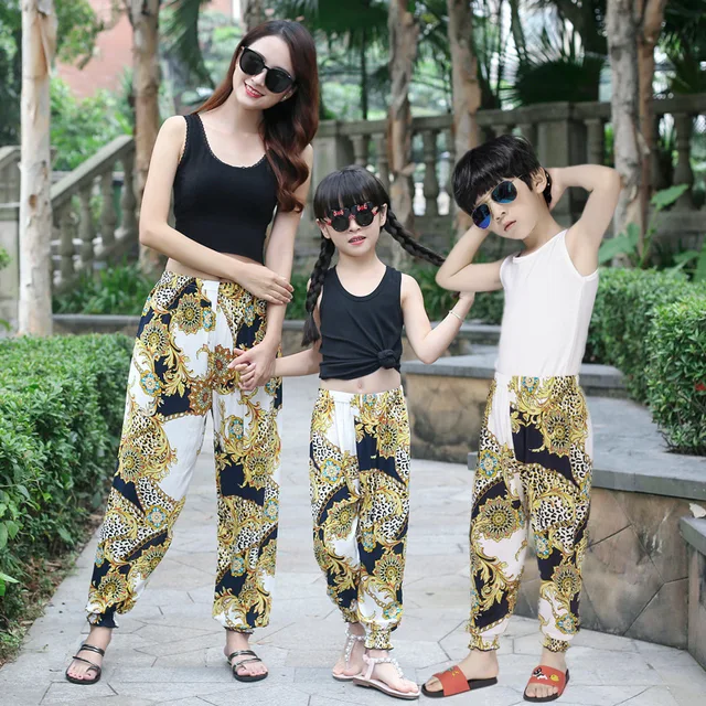  2019 Women Summer Trousers Girls boys Beach Casual Seaside Sunscreen Shade Flower Pants Family Matching Outfits