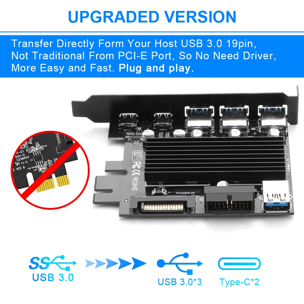  Tarjeta de expansión Rocketek USB 30 tipo c PCI-E adaptador de 5 puertos controlador externo Expres