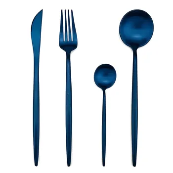 

Stylish 24pcs Golden Cutlery Set Black Dinnerware Forks Knives Scoops 18/10 Stainless Steel Matte Blue Silverware Set Wholesale