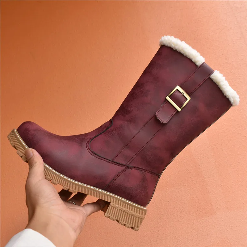 Odetina Women Round Toe Slip On Keep Warm Block Low Heel Mid Calf Boots Lady Buckle Strap Platform Thick Fur Winter Snow Boot