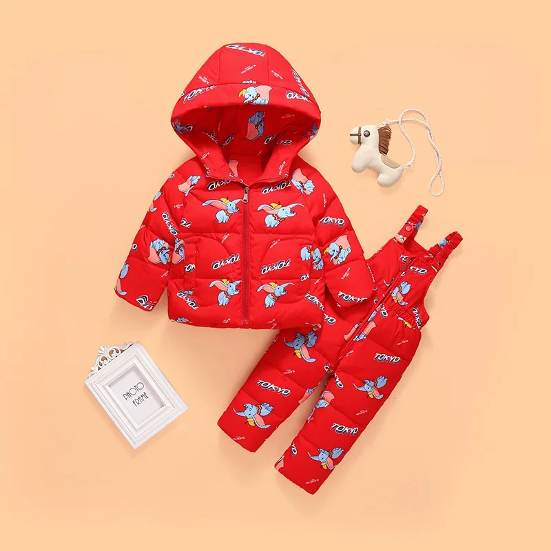

Winter Warm Baby Girls Clothing Sets Cartoon Elephant Printed Kids Ski Suits Children Outdoor Duck Down Jackets +Pants Jumpsuit