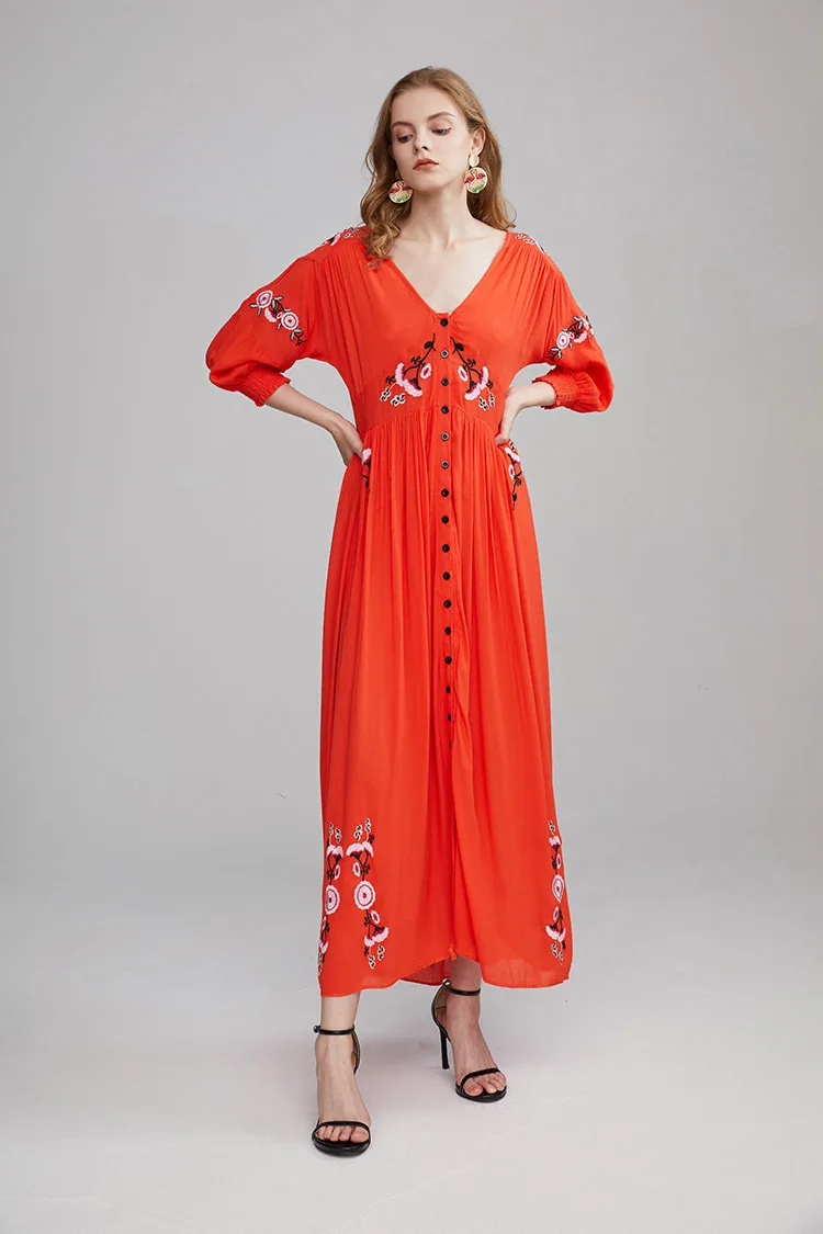 Весна Лето, богемное женское платье с v-образным вырезом и вышивкой, богемное пляжное платье трапециевидной формы, женские платья с высокой талией, женские шикарные платья