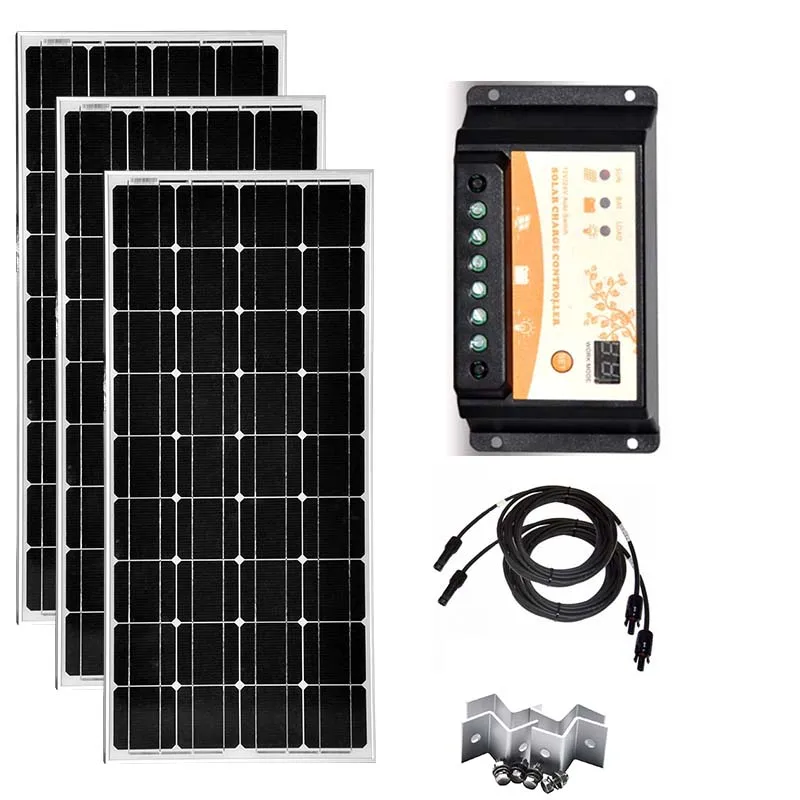

3 Pcs Solar Panel 100W 12V Monocrystalline Waterproof 300w Solar Charge Controller 12v/24v 20A Van Motorhome Caravan RV Boat
