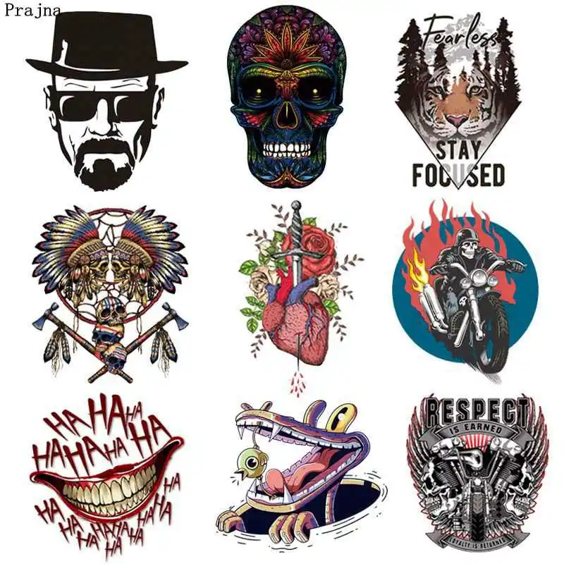 

Prajna Punk Patch Iron On Transfers Hot Vinyl Thermal Patches For Clothing Applique DIY Skull Heart Heat Transfers PVC Sticker