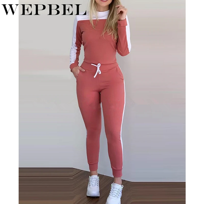 Conjunto de patchwork wepbel feminino de outono manga longa com capuz + calça conjunto de roupa de rua skinny com cordão de corrida + moletom