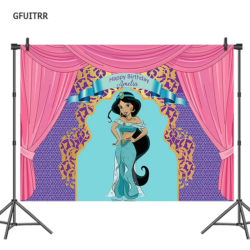 

Aladdin Princess Jasmine Photography Backdrop Kids Birthday Party Photo Background Pink Curtain Photo Booth Props