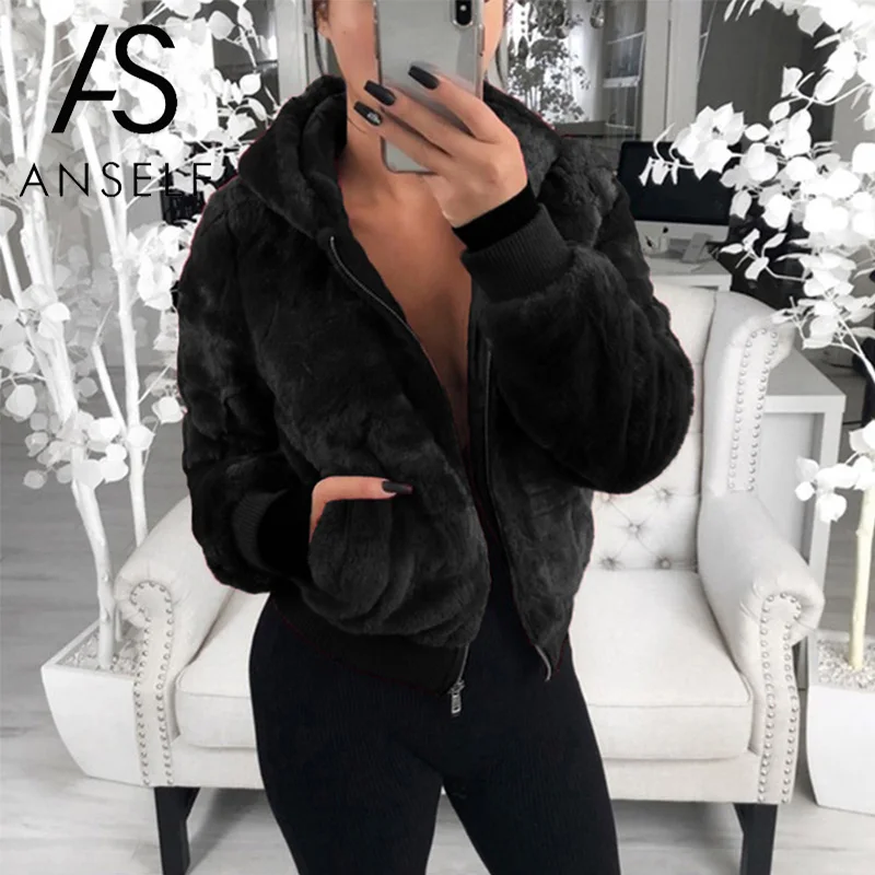 Anself-Chaqueta mullida de talla grande para mujer, abrigo de piel sintética con capucha, cuello de manga larga con cremallera, acanalada, informal, cálida, Tops cortos