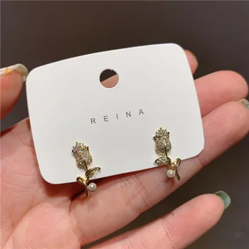 

Celebrity Style 925 Silver Elegant Micro Zircon Rose Pearl Earring Sweet GIRL'S Ear Stud
