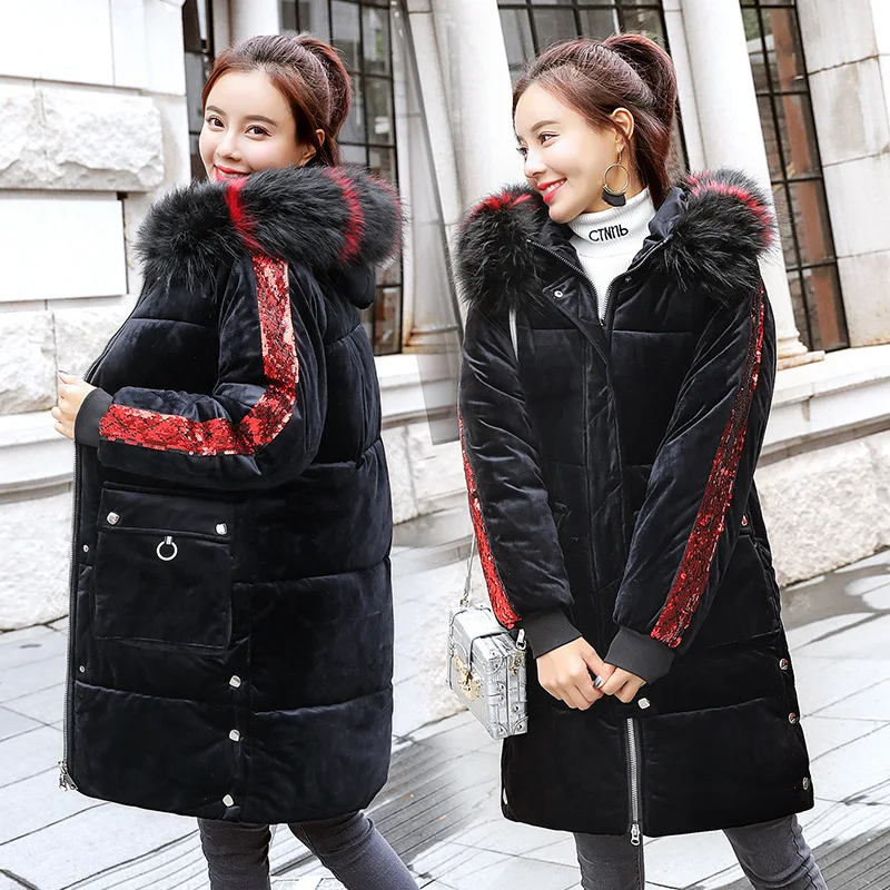 

Fashion 2019 Winter Ladies' Elegant Korean-style Women's Mid-length Gold Velvet Hooded Straight Women Cotton-padded Clothes