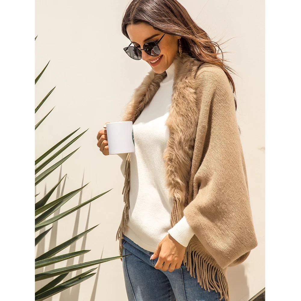 

Fringed Cloak Shawl Fur Collar Cloak Solid Color Cardigan Sweater Winter Wool Soft Warm Plaid Scarf Wrap Shawl