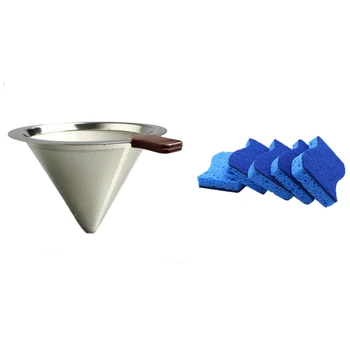 

1pcs Reusable Stainless Steel Coffee Filter Baskets 8.5 x 11.5Cm & 12Pcs Non-Scratch Wood pulp cotton Dishwashing Brush