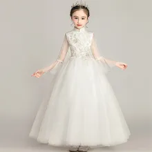 Детское однотонное белое пышное платье принцессы с воротником-стойкой на день рождения, свадьбу, вечеринку Детские костюмы для подростков