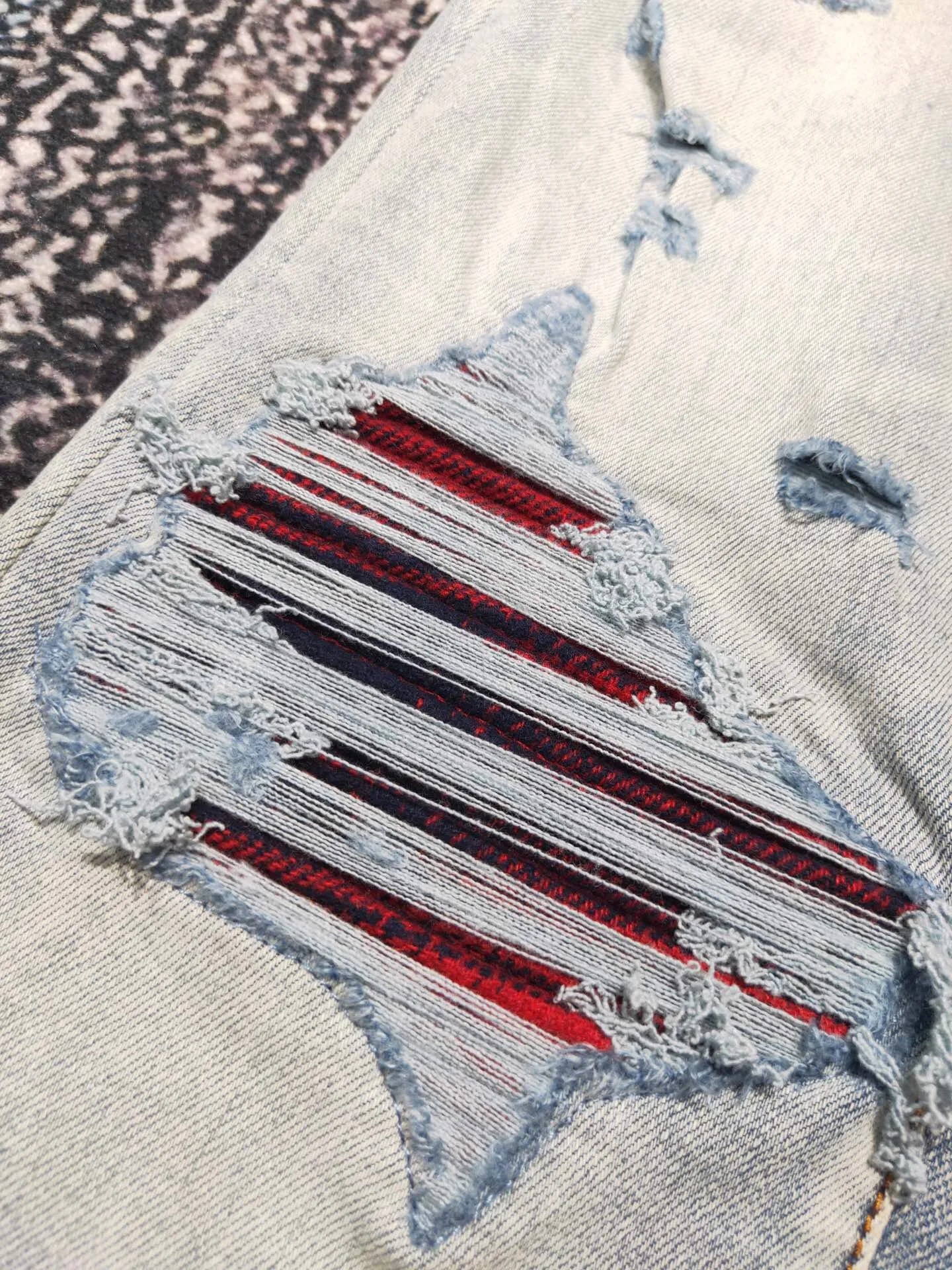 discounted men tartan fabric patch distressed jeans 2